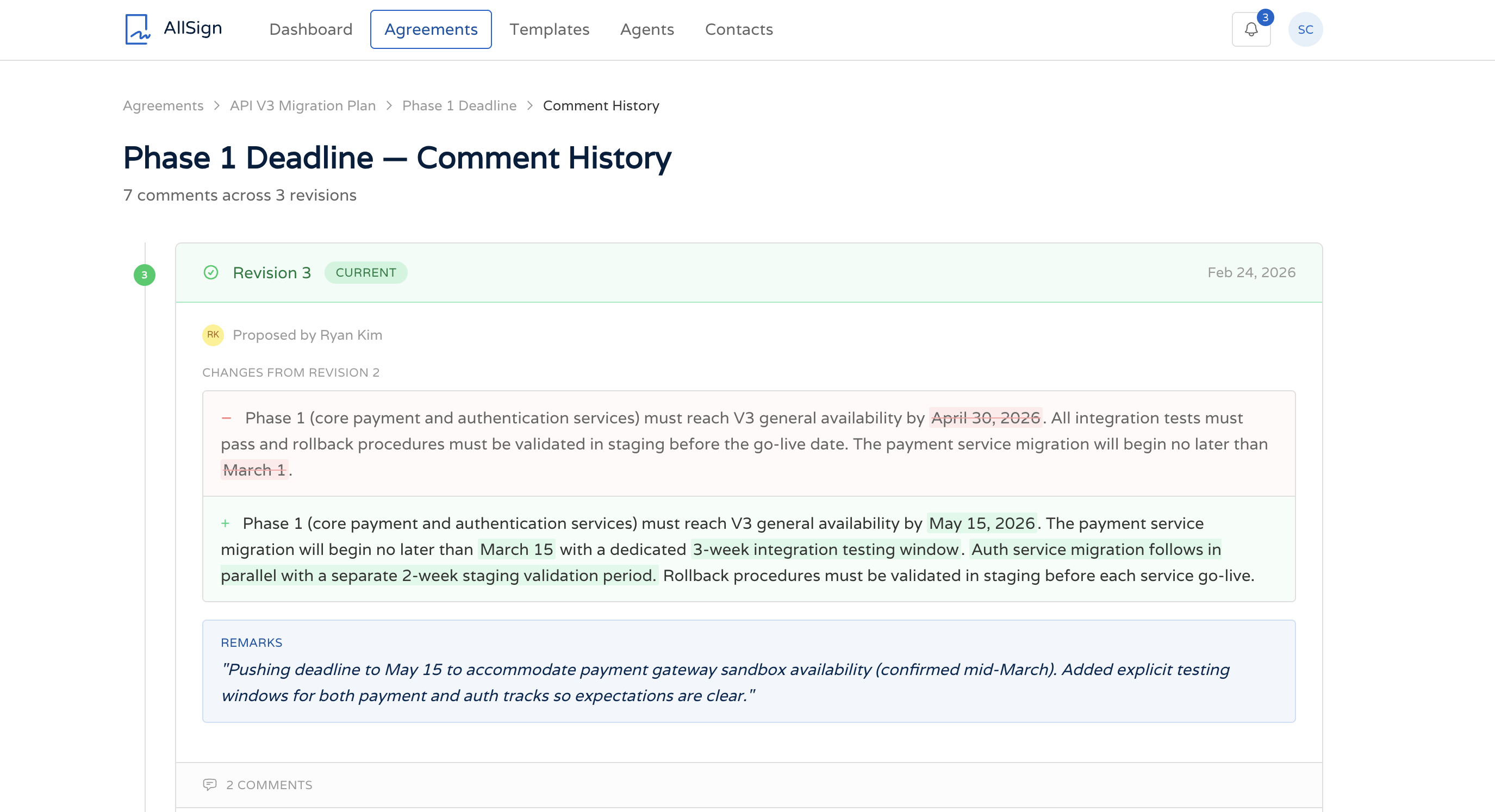 AllSign interface showing a term revision with reasoning captured alongside the edit